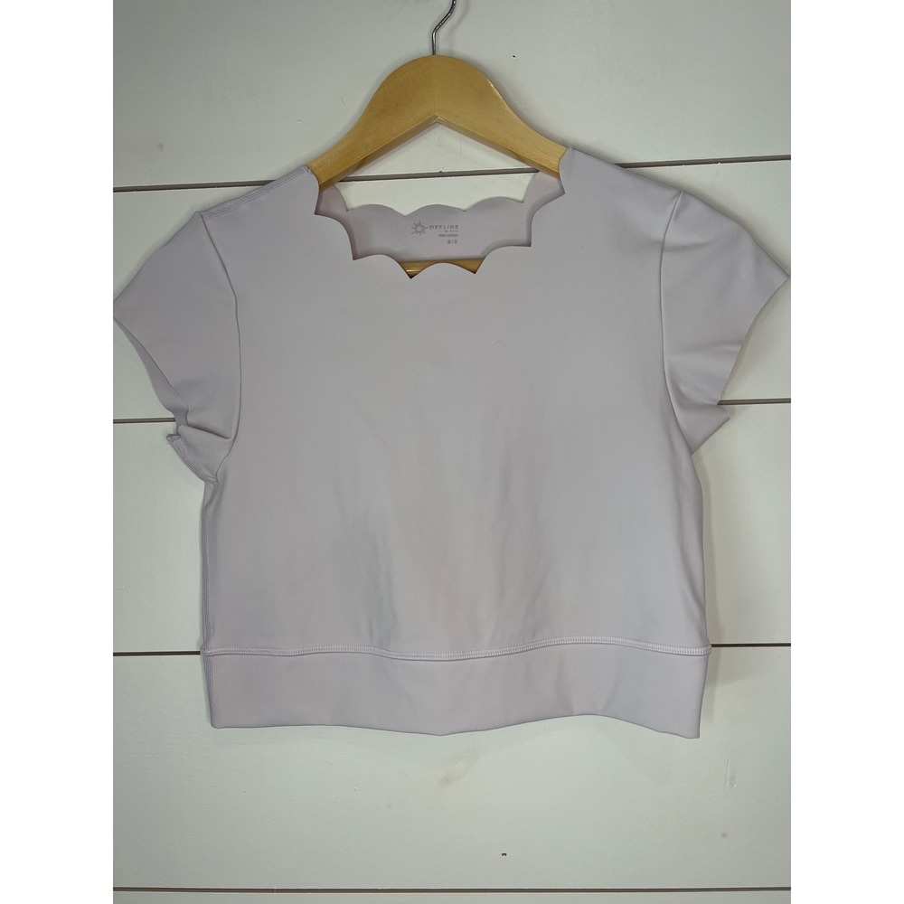 Aerie OFFLINE Real Me Scalloped Short Sleeve Crop Top Lavender M balletcore